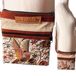 Embroidered Crossbody Purse Bag Floral Bird Adjustable Strap Front Zip Pocket